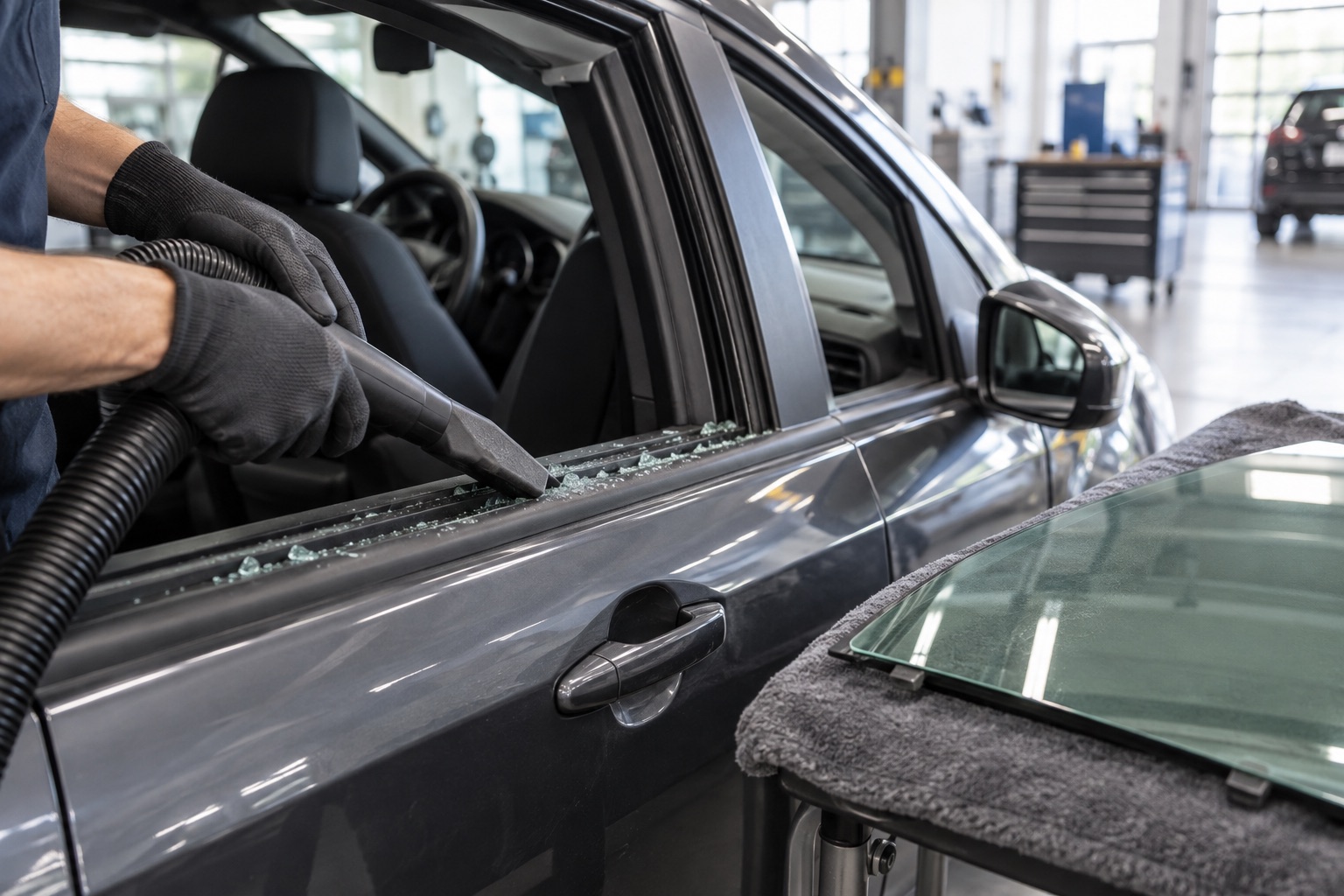 Technician vacuuming glass fragments from a vehicle door before installing a replacement window
