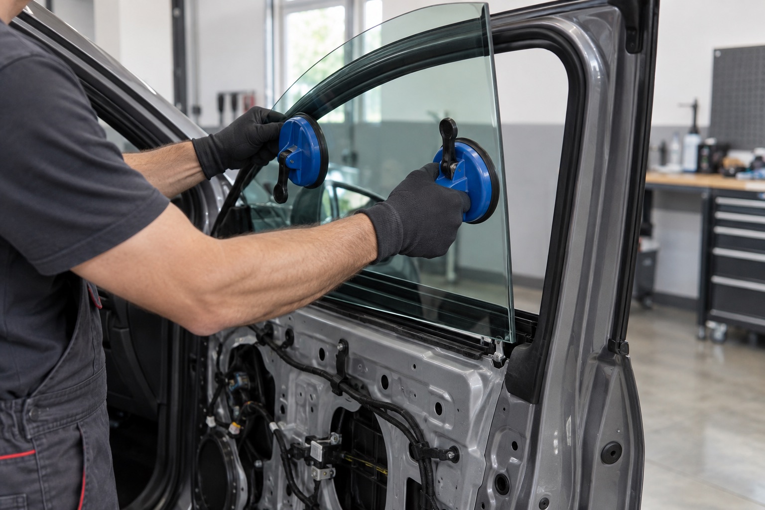 Technician guiding a replacement side window into a vehicle door