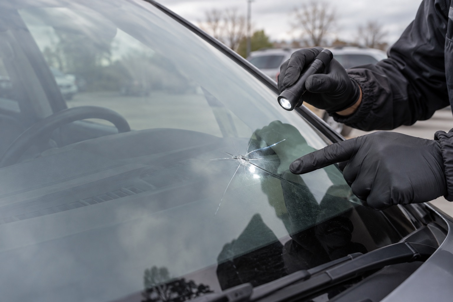 Gloved hands inspecting a crack in a vehicle windshield with a light